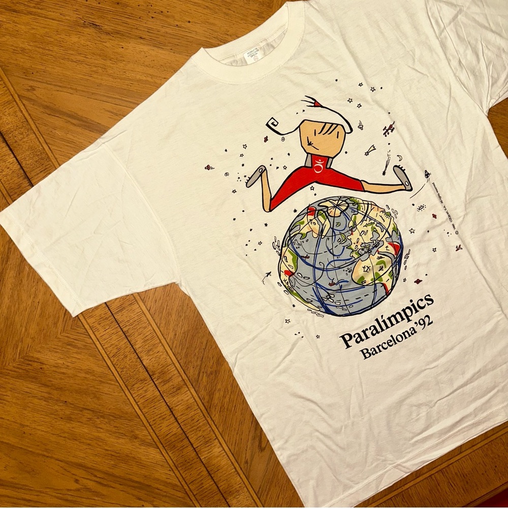 Vintage 1992 Paralympics Barcelona T-Shirt Mens Size 2XL/XL White World Globe